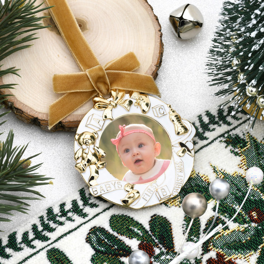 White and Gold Baby Wreath Photo Christmas Tree Ornament Holiday Decorations
