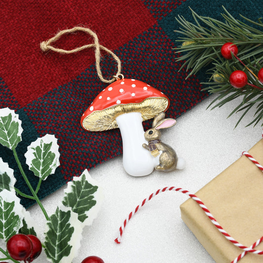 Woodland Mushroom & Bunny Goldtone  Christmas Tree Ornament Holiday Decorations