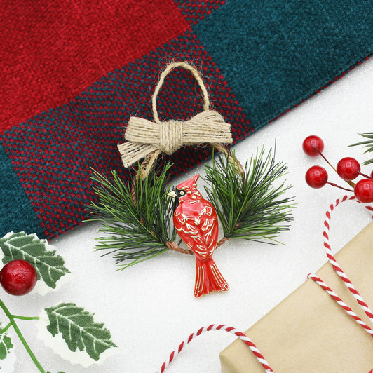 Woodland Cardinal on Branch Goldtone  Christmas Tree Ornament Holiday Decorations