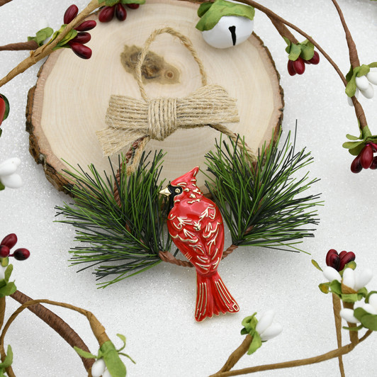 Woodland Cardinal on Branch Goldtone  Christmas Tree Ornament Holiday Decorations