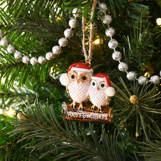 Happy Owlidays Woodland Owls  Goldtone Tree Ornament Holiday Decorations