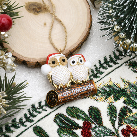 Happy Owlidays Woodland Owls  Goldtone Tree Ornament Holiday Decorations