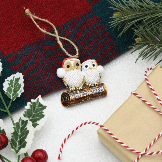 Happy Owlidays Woodland Owls  Goldtone Tree Ornament Holiday Decorations