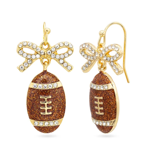 Gold Glitter Football Dangle Earrings with Crystal Bow Accents