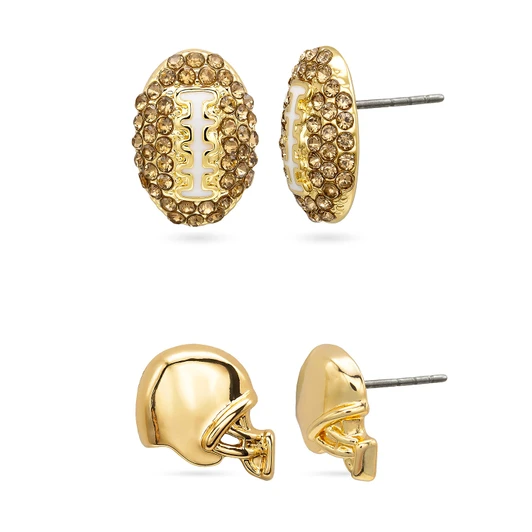 Football & Helmet Stud Earring Set – Gold Tone with Topaz Crystal Footballs