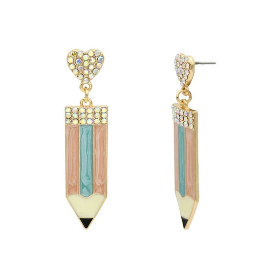 Gold Tone Pencil Dangle Earrings with Aurora Borealis Crystal Accents