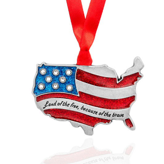 Land of the Free Because of the Brave United States Map Metal Ornament with Glitter and Crystals