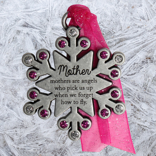 Engravable pewter snowflake Christmas ornament with pink and silver glitter enamel and the words 'Mother, mothers are angels who pick us up when we forget how to fly