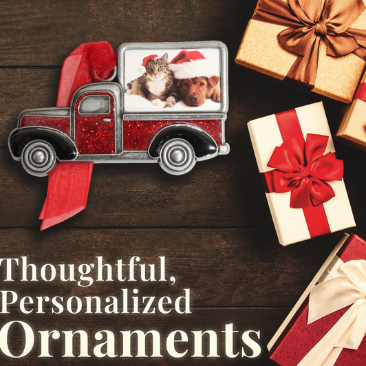 Pewter picture-frame Christmas ornament in the shape of an antique truck with red hand-painted glitter enamel.