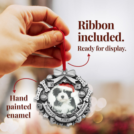 Puppy's First Christmas Pewter Dog Bone and Toy Wreath Picture Frame 