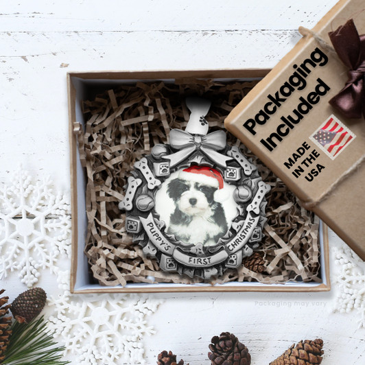 Puppy's First Christmas Pewter Dog Bone and Toy Wreath Picture Frame 