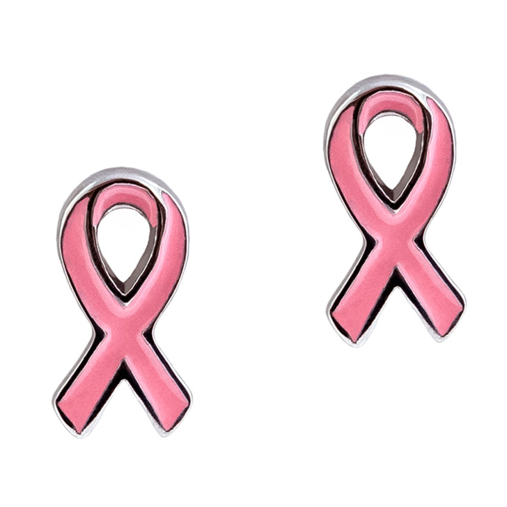 Silver Metal Pink Cancer Ribbon Post Earrings