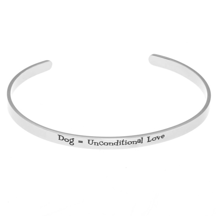 Stainless steel cuff bracelet with the inscription 'Dog, Unconditional Love' surrounded by paw prints.
