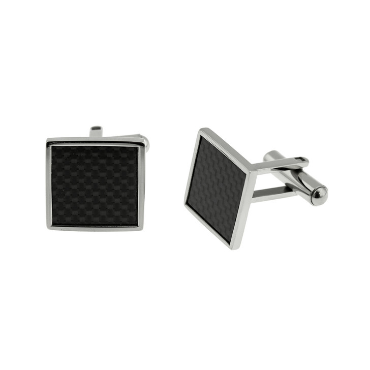 Men's Square Cufflinks - Silver Stainless Steel with Carbon Fiber Design, Personalized Engravings, Joyful Sentiments by Gloria Duchin