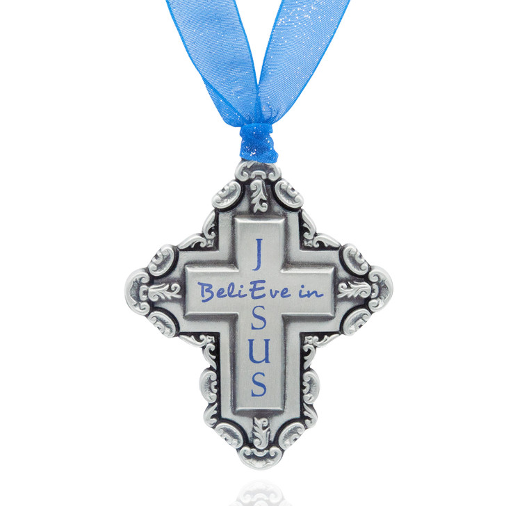 Believe in Jesus Cross Pewter Christmas Ornament