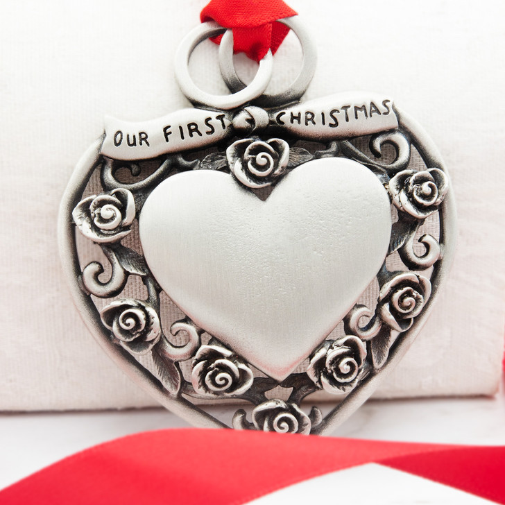 Genuine Pewter "Our First Christmas" Wedding Heart Ornament