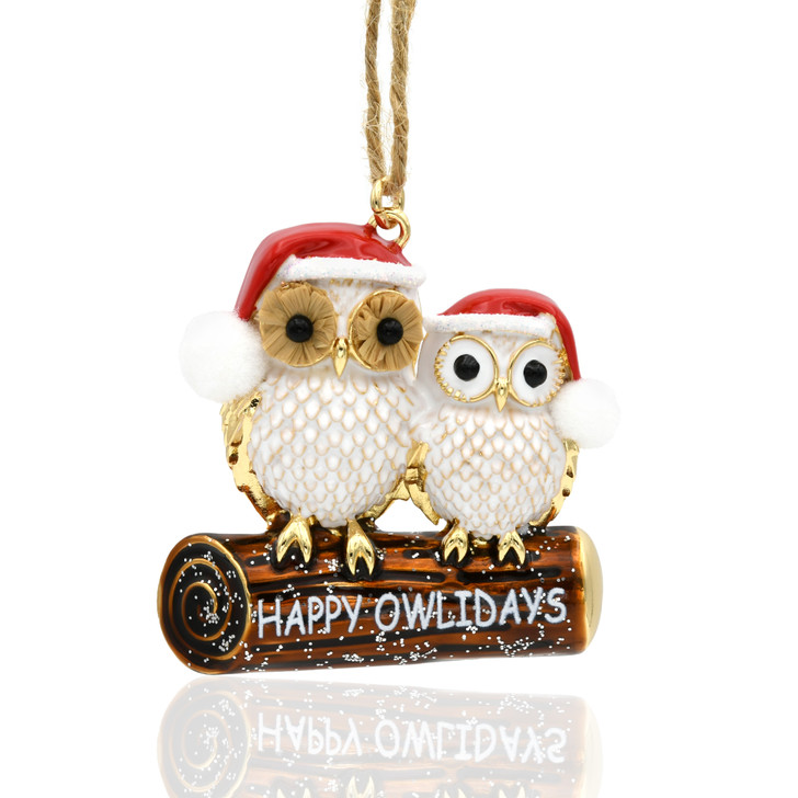 Happy Owlidays Woodland Owls  Goldtone Tree Ornament Holiday Decorations
