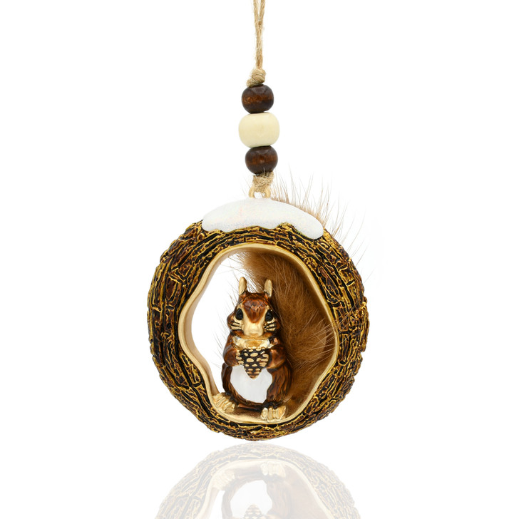 Woodland Squirrel with Faux Fur Tail Goldtone Tree Ornament Holiday Decorations