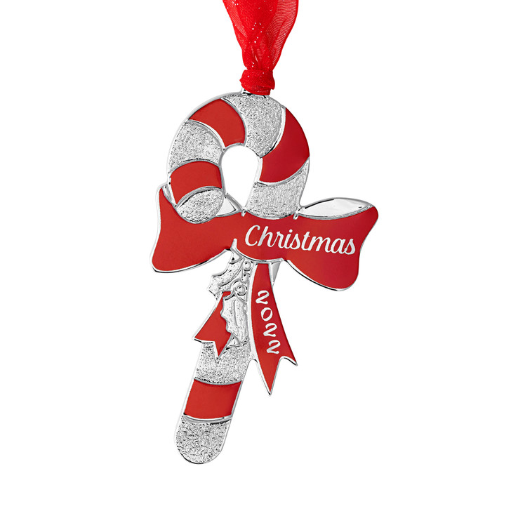 Silver Enameled Candy Cane with imprint Ornament