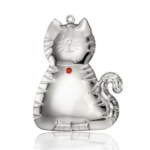 Silver Metal Dapped Cat Ornament with Red Crystal - Gloria Duchin