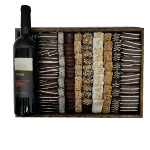 Purim Dark Wood Deluxe Chocolate Tray with Wine