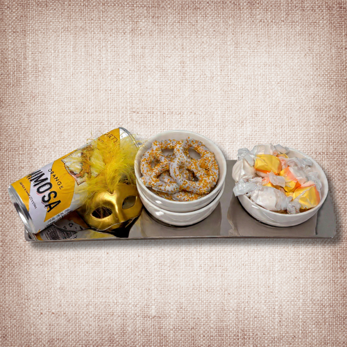 Purim Metal Tray with Three Ceramic Bowls
