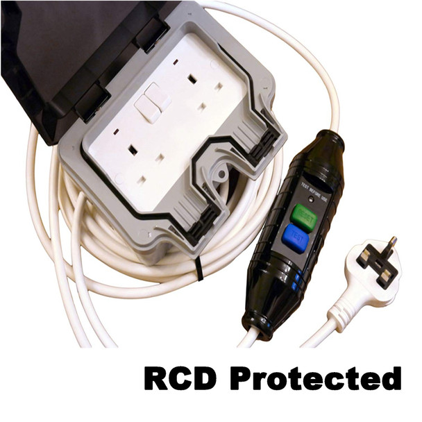 50m RCD Protected 13A plug to IP66 rated 2 gang Socket Outdoor Extension Cable