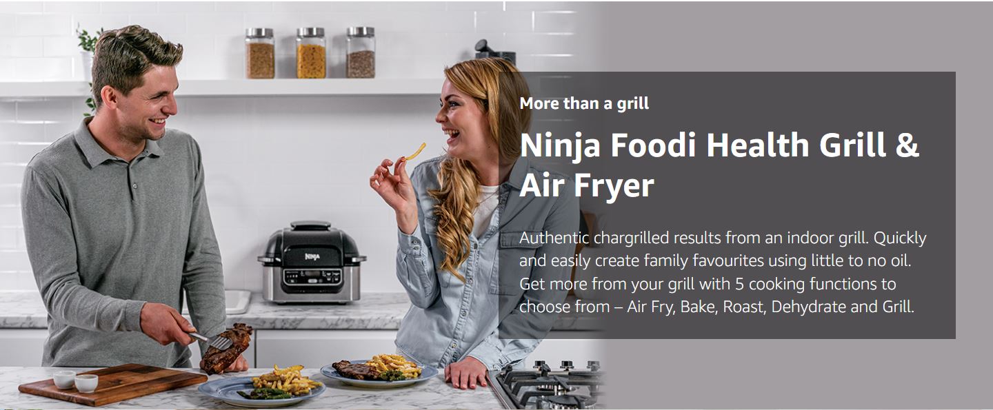 Ninja Foodi Health Grill & Air Fryer Authentic chargrilled results from an indoor grill. Quickly and easily create family favourites using little to no oil. Get more from your grill with 5 cooking functions to choose from – Air Fry, Bake, Roast, Dehydrate and Grill.