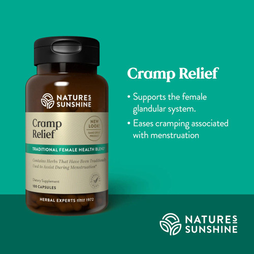 Natures Sunshine Cramp Relief benefits for women including menstrual cramp relief, PMS
