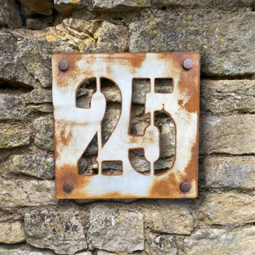 Painted and distressed Corten steel house number