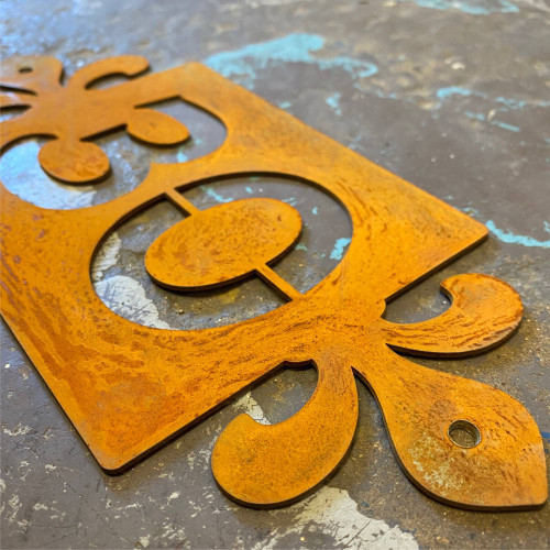 Corten steel house number sign - flour de lys styling