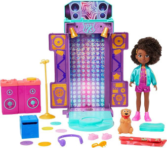Mattel Karma's World 2-in-1 Toy Playset with Doll & Accessories, Transforming Musical Star Stage & Bedroom Set with Lights & Sounds
