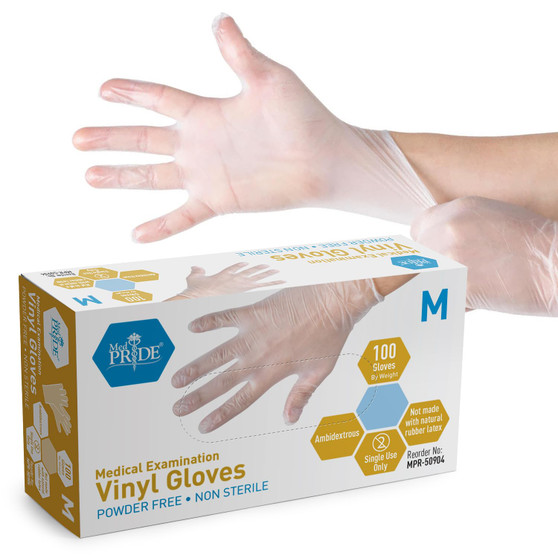 MED PRIDE Disposable Medical Grade Vinyl Exam Gloves, Latex & Powder Free, Ultra-Strong, for Healthcare & Food Handling (Medium (1Pack of 100) 100 Clear)
