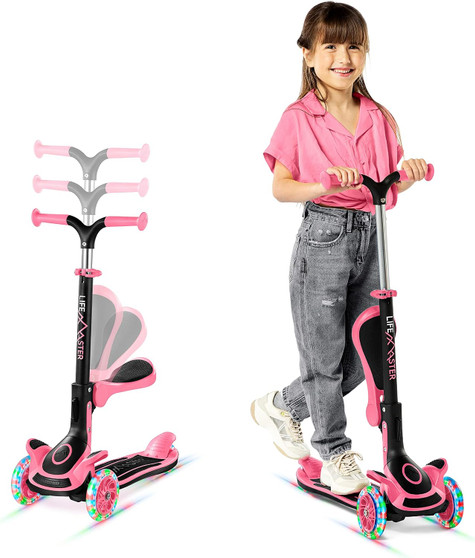 3 Wheel Scooter for Kids with Foldable Seat, Adjustable Handlebar Height, Lean-to-Steer Ride On Toy for Kids Ages 2+, Light-Up LED Wheels, Wide Anti Slip Deck, Indoor & Outdoor Use, Watermelon