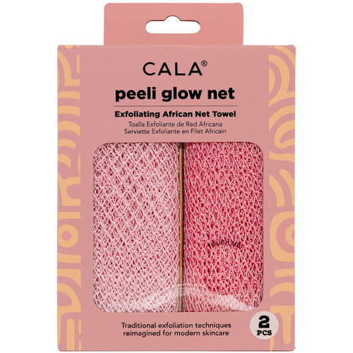 CALA Peeli Glow Net Exfoliating African Net Towel 2-piece set in pink retail packaging.