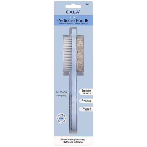CALA 4-in-1 Pedicure Paddle featuring an ergonomic handle with a pumice stone and cleaning brush for buffing, exfoliating, and smoothing rough feet.
