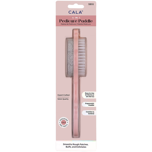 Pink 4-in-1 Pedicure Paddle featuring a pumice stone and brush.