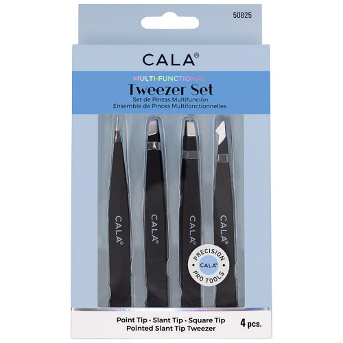CALA Multi-Functional Tweezer Set featuring four precision stainless steel tweezers with point tip, slant tip, square tip, and pointed slant tip, designed for accurate eyebrow shaping and hair removal.