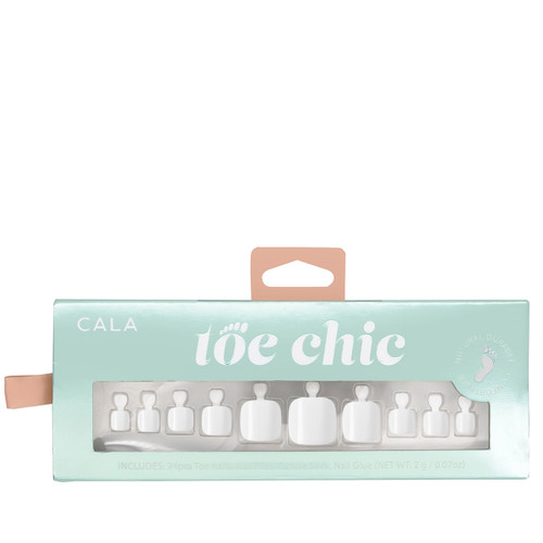 CALA Toe Chic press-on toenail set featuring glossy white nails with a complete application kit in retail packaging