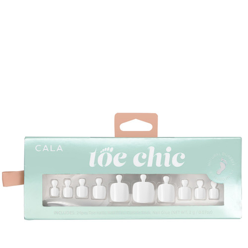 CALA Toe Chic press-on toenail set featuring glossy white nails with a complete application kit in retail packaging
