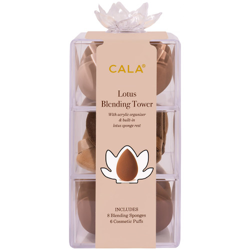 CALA sponge and puff set in an acrylic tower with a lotus drying holder