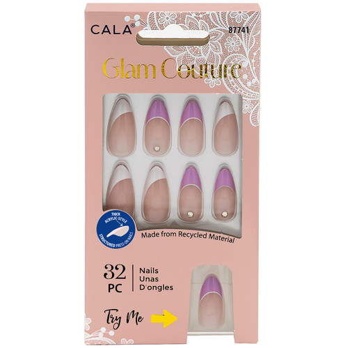 Sheer nude press-on nails with a Lavender French-tip design in an acrylic-style finish, 32-piece set by CALA.