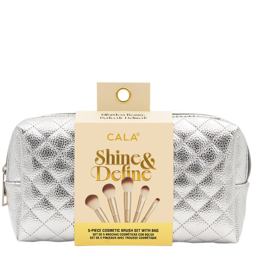 Five-piece makeup brush set with a silver pouch.