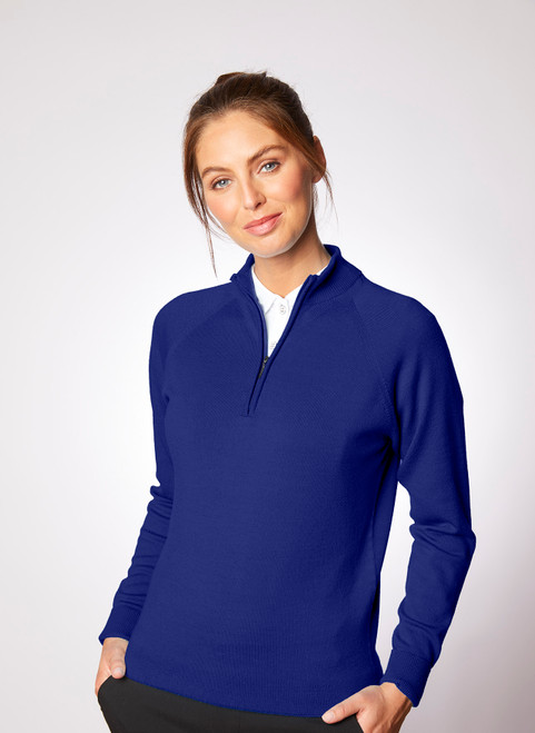 Women's merino wool zip neck jumper manufactured under the Glenbrae brand by Spectrum Yarns