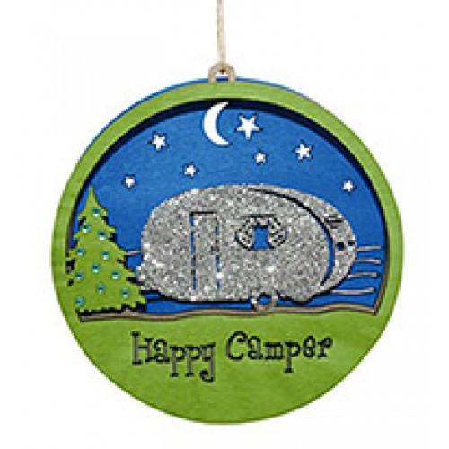 Happy Camper Wooden Glitter Ornament