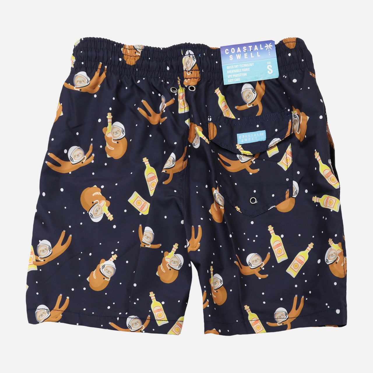 Men's 'space sloth' swim trunks with comfort liner