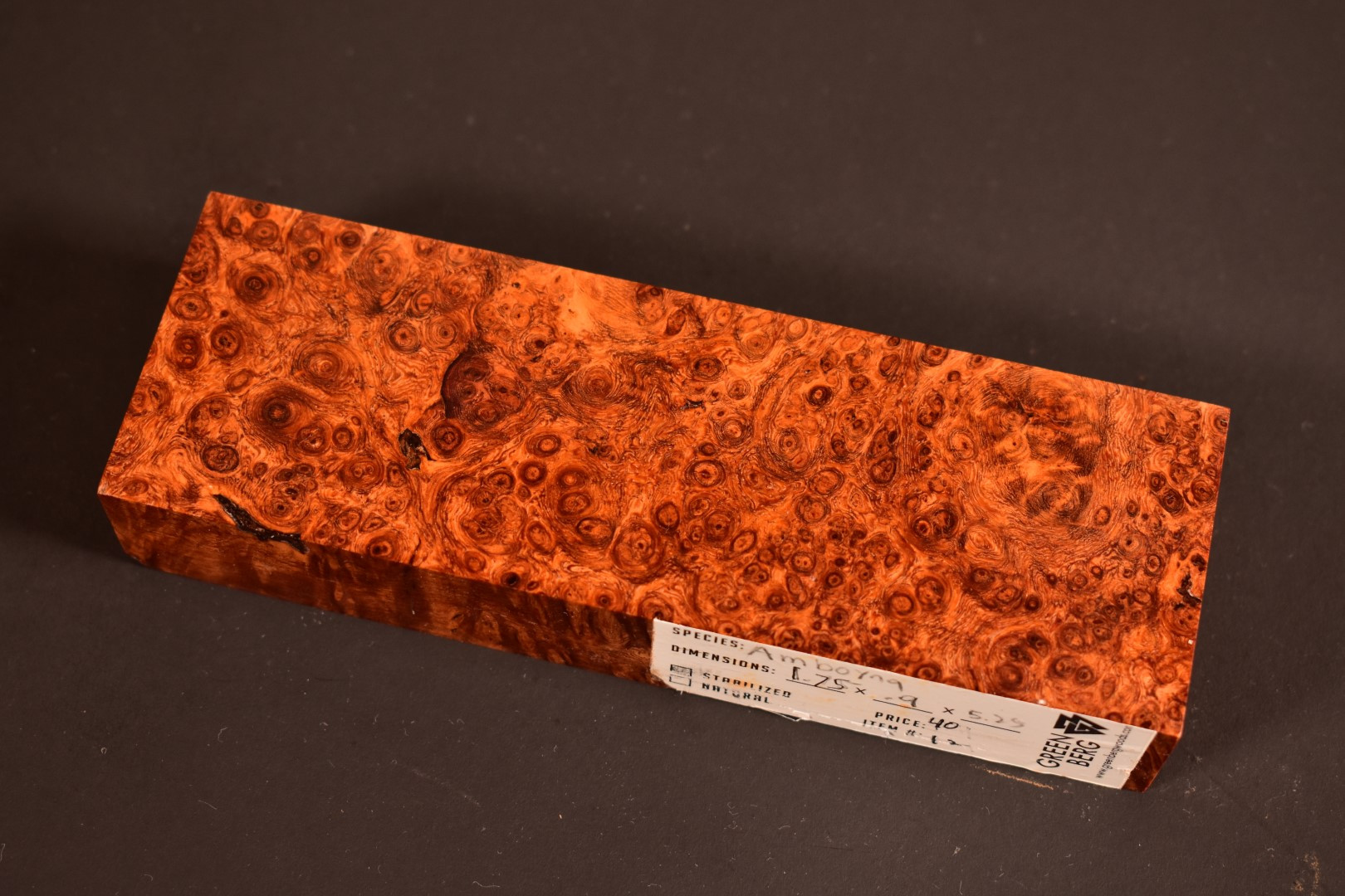 Stabilized Red Amboyna Burl 12 (1.75 x .9 x 5.25)
