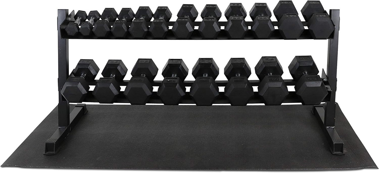 Rubber Hex Dumbbell Set with 2-Tier Rack and Mat, 50LB