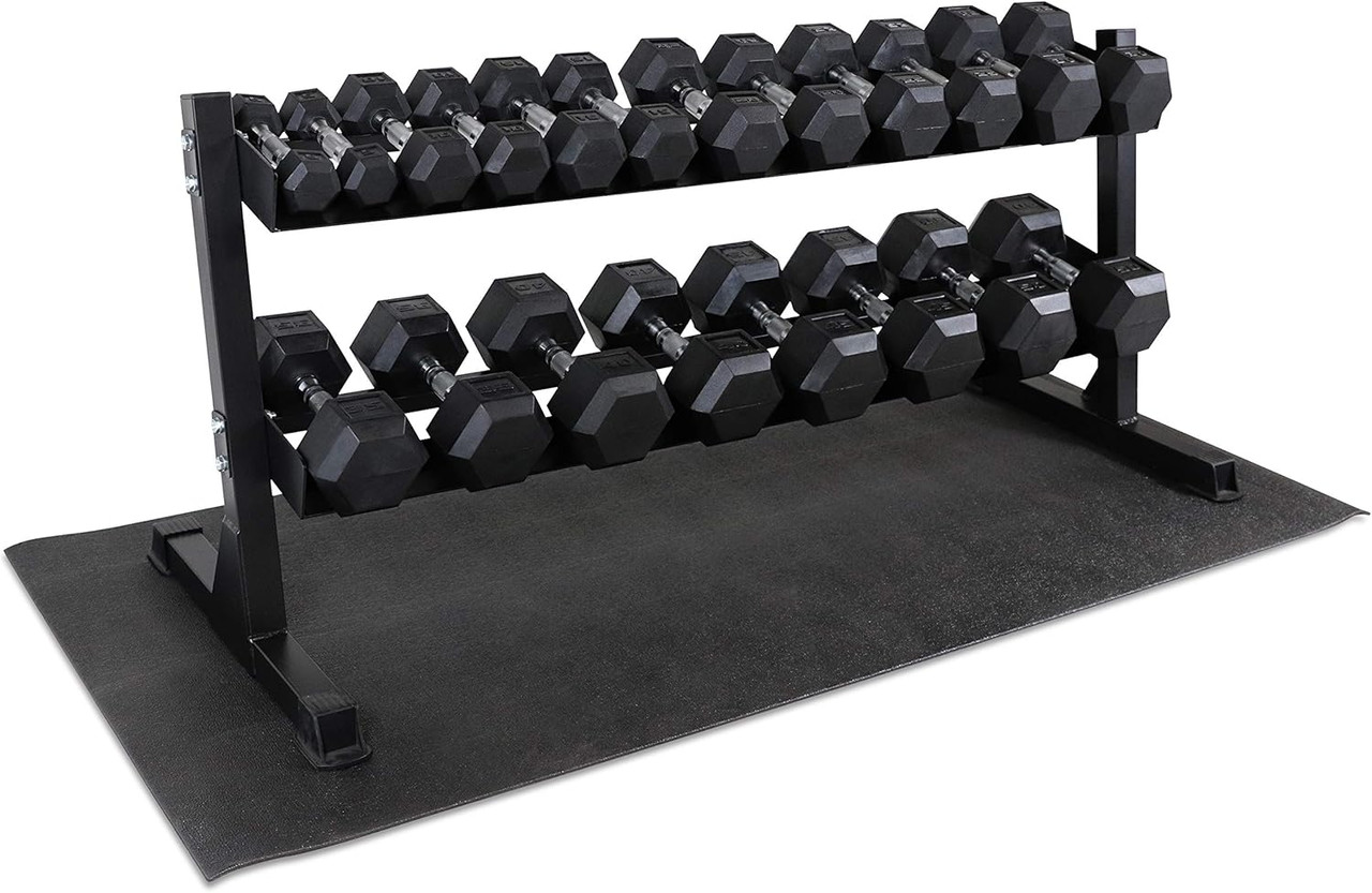Rubber Hex Dumbbell Set with 2-Tier Rack and Mat, 50LB