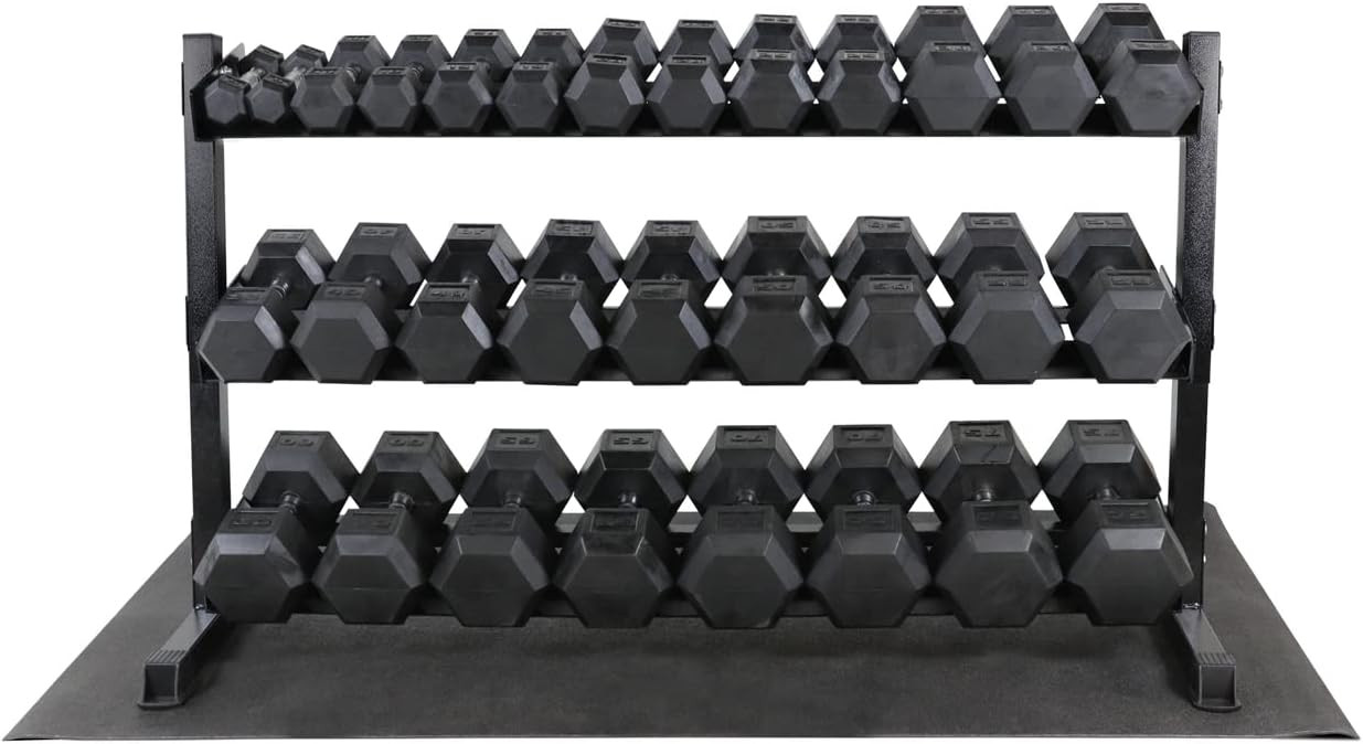 Rubber Coated Hex 75lb Dumbbell Set with Rack and Mat
